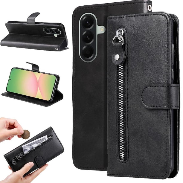 Funda tipo cartera para Samsung Galaxy A57 con bolsillo con cremallera y ranuras para tarjetas – Función de soporte Negro