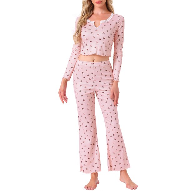 INSPIRE CHIC Conjuntos de Pijama para Mujer Estampado de Cerezas Cuello en V con Volantes Manga Larga Top y Pantalones 2 Piezas Ropa de Casa L Rosa