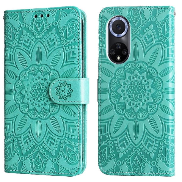 Funda tipo cartera FOXDOCK para Honor 50 , diseño girasol en relieve, cuero PU, cierre magnético, soporte y tarjetero