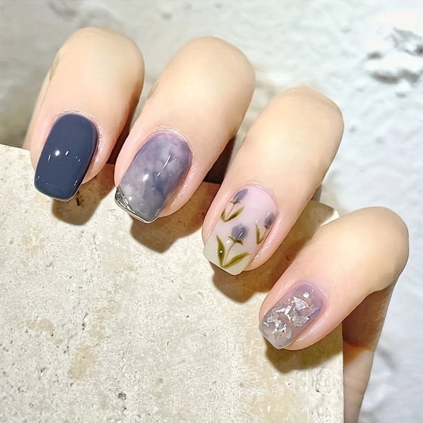 24pcs Smudged Nude And French Purple Square Press On Nails, Short Coffin Fake Nails With Tulip Design, Autumn And Winter Romantic False Nails For Women And Girls