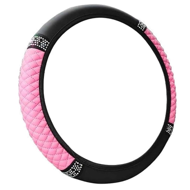 Funda para volante de coche con diamantes de imitación en color tridimensional bordados en cuero sin anillo interior, adecuada para mujeres de 14,5 a 15 pulgadas