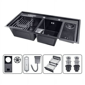 Genérico - Lavaplatos 100X48Cm Doble Lava Vasos Y Escurridor Accesorios Negro