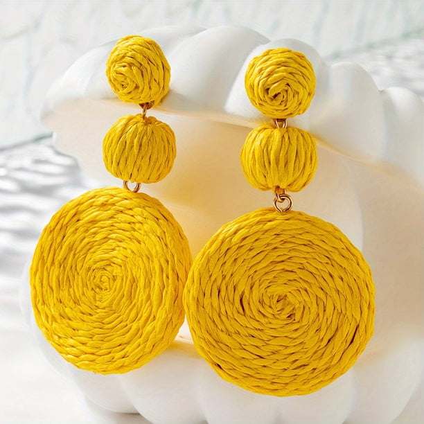 Elegant & Creative Vacation Style Raffia Braided Round Dangle Earrings - Perfect Gift for Women & Girls!