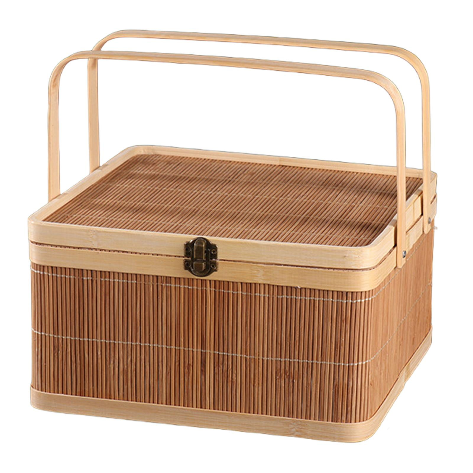 Magideal - Cesta De Picnic, Cesta Tejida De Bambú, Pan, Té, Pastelería, Tapa Portátil Bloqueable Para Comida, Decoración Para El Almuerzo, Cesta De Bambú Para Cuadrado 28x28x15cm
