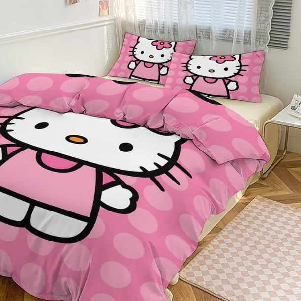 The Anime Hello Kitty Quilt Duvet Cover Set Comforter Cover 3 Pieces Bedding Printed Quilt Cover Set with Pillow Cases Easy Care And Soft Hand Feel Bed Sheets
