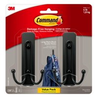 Wall Hooks Command, Tamaño Grande, Negro Mate, Doble, 2 Ganchos, 4 Libras