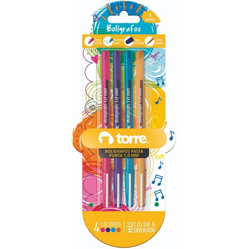 Set De 4 Bóligrafos 1.0 Mm Color Fun Torre