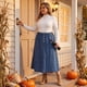 thumbnail image 3 of Falda de mezclilla elástica con botones al frente, casual, en línea A, con volantes y bolsillos laterales para mujer de talla grande de Agnes Orinda, talla 4X, azul grisáceo, 3 of 8