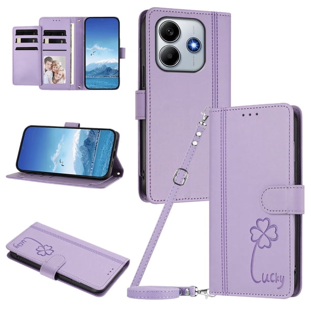 Funda Cartera Trébol para Xiaomi Redmi Note 14 4G con Ranuras Tarjetas y Carga Inalámbrica Morado claro