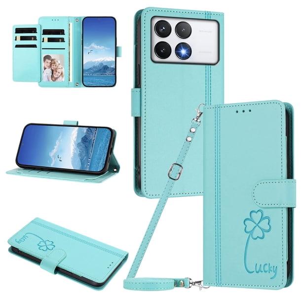 Funda Cartera Trébol para Xiaomi Poco F6 Pro con Ranuras Tarjetas y Carga Inalámbrica Verde menta