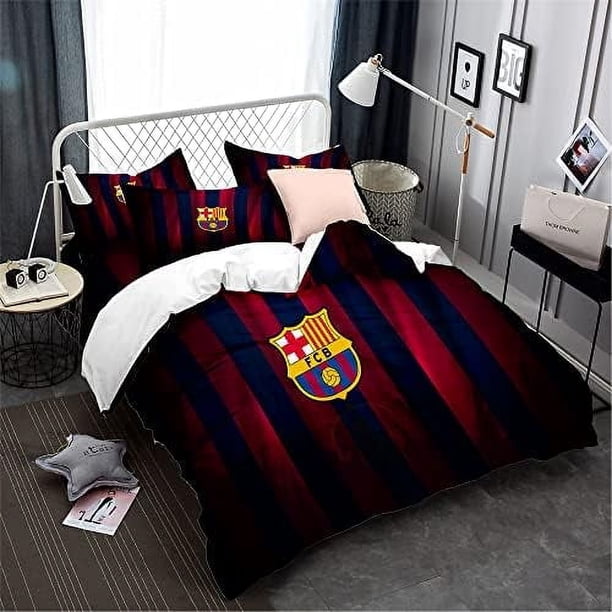 FC Barcelona Football Team Microfiber Quilt Set with Zippered Duvet Cover and Pillowcases)