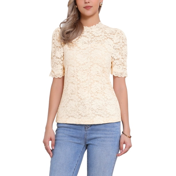 INSPIRE CHIC Top de Encaje Floral para Mujer Cuello Simulado Manga Corta Abullonada Blusa Elegante de Encaje Talla XL Albaricoque