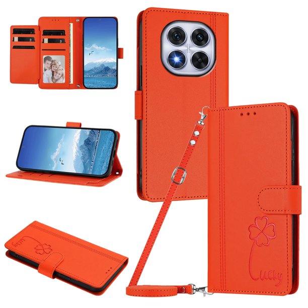 Funda Cartera Trébol para Xiaomi Poco X7 5G con Ranuras Tarjetas y Carga Inalámbrica Naranja