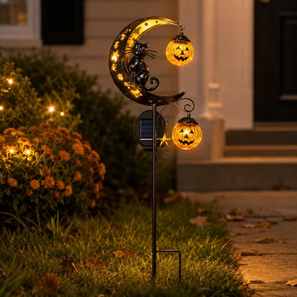 Estaca Solar para Jardín Halloween Gato Negro y Luna con Calabaza – CRILEAL