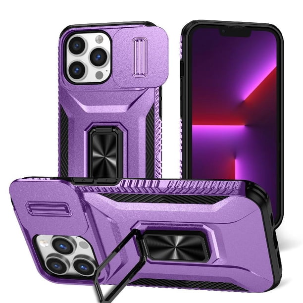 Funda Armada para iPhone 13 Pro Max con Tapa Deslizante y Soporte Magnético Giratorio Morado