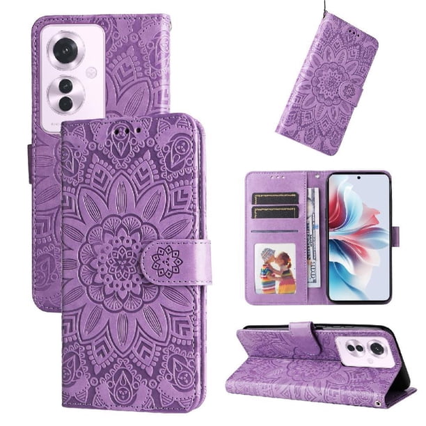 Funda tipo cartera FOXDOCK para OPPO Reno 11F , diseño girasol en relieve, cuero PU, cierre magnético, soporte y tarjetero