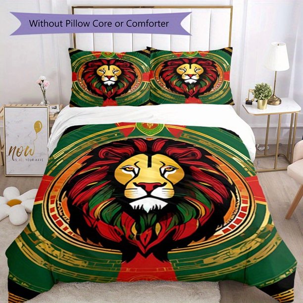 3pcs Bedding Set Duvet Cover Closure Includes 1 Duvet Cover & 2 Pillowcases for All Seasons Bedroom Decor, Home Dorm High-Definition Print Rastafari Lion of Judah A252