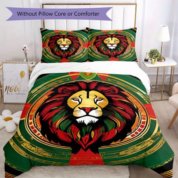 3pcs Bedding Set Duvet Cover Closure Includes 1 Duvet Cover & 2 Pillowcases for All Seasons Bedroom Decor, Home Dorm High-Definition Print Rastafari Lion of Judah A252
