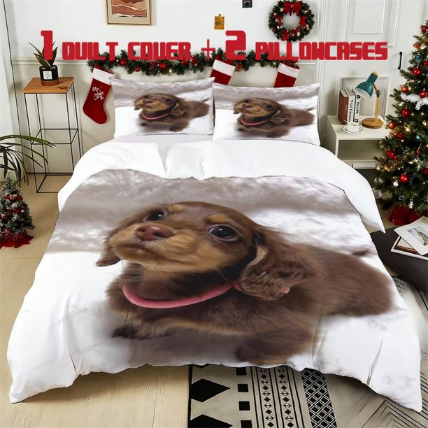 3pcs Brown Dachshund Printed Bedding Set Soft Duvet Cover with 2 Pillowcases All Season Comfort