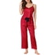 thumbnail image 2 of INSPIRE CHIC Conjunto de Pijama de Satén de 3 Piezas para Mujer, Top de Cami con Cuello en V Sedoso con Pantalones Palazzo y Máscara para Dormir, Ropa de Casa para Primavera Verano XL Rojo, 2 of 6