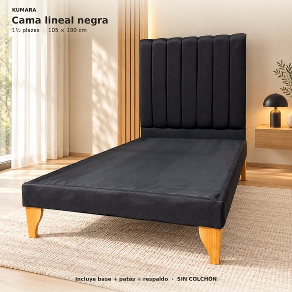 Cama Kumara plaza y media en felpa negra con respaldo lineal, 105x190 cm, sin colchón