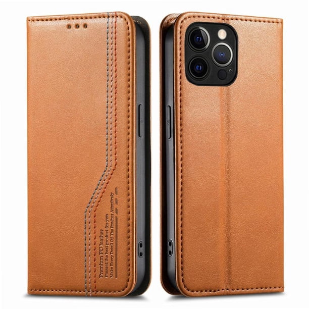 Funda tipo cartera para iPhone 15 Pro de piel con cierre magnético, ranuras para tarjetas y correa para la muñeca Marrón