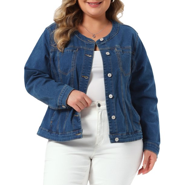 Chaquetas de Mezclilla sin Cuello de Talla Grande para Mujeres de Agnes Orinda, Abrigos de Jean Casual con Bolsillo y Manga Larga Abotonada para la Escuela y la Universidad 1X Azul Oscuro