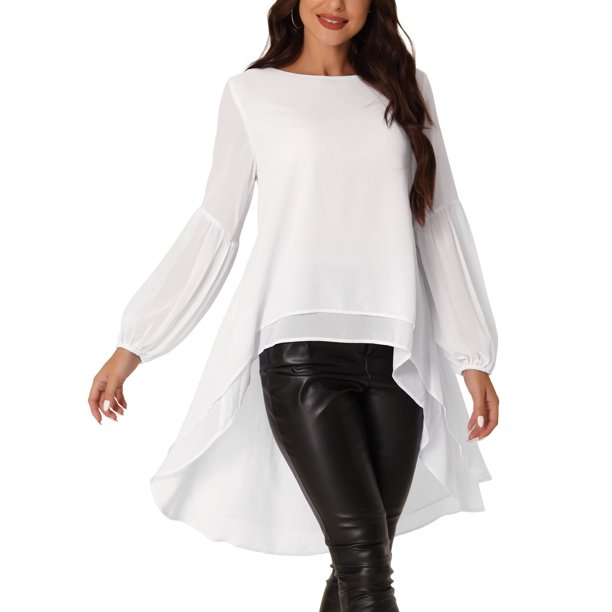 INSPIRE CHIC Blusas asimétricas de gasa casuales elegantes para mujer con mangas largas de linterna y cuello redondo, S Blanco