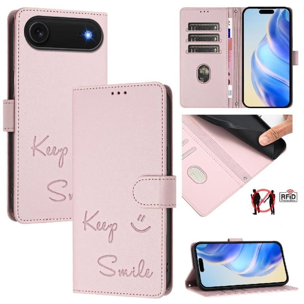 Funda Cartera para iPhone 17 Air con Bloqueo RFID, Cierre Magnético y Ranuras Tarjetas Rosa