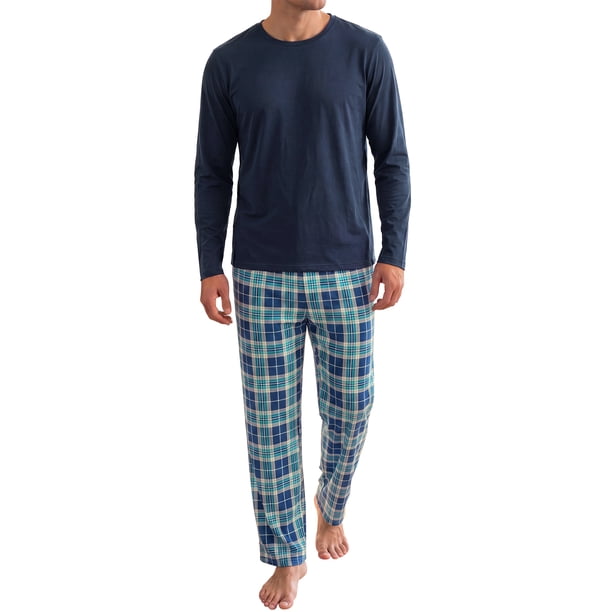 INSPIRE CHIC Conjunto de Pijama de Manga Larga para Hombre de Color Sólido y Pantalones de Cuadros S Azul Marino