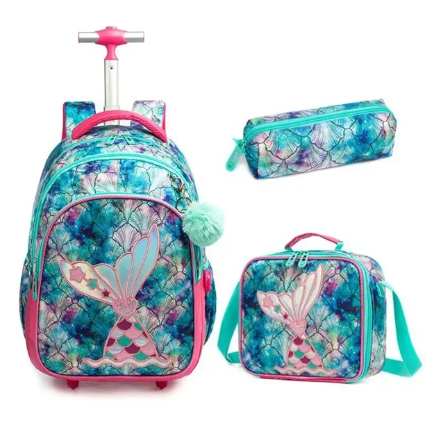 Children's Wheeled Backpack Bag Set with Lunch Box School Rolling Backpack Bag with Wheels School Trolley Backpack Bag for Girls