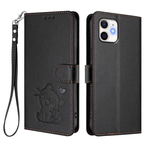 iPhone 12/12 Pro Funda Billetera con Estampado de Gato, Negro