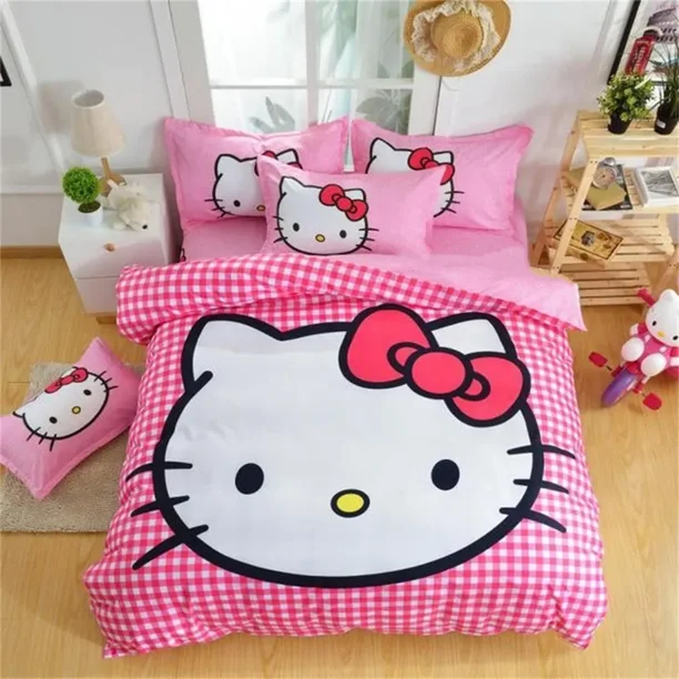Hello Kitty Pink Lattice Duvet Cover Cartoon Cat Girls Kids Bedroom Decoration Gifts Bedding Set Quilt Cover with 2 Pillow Case