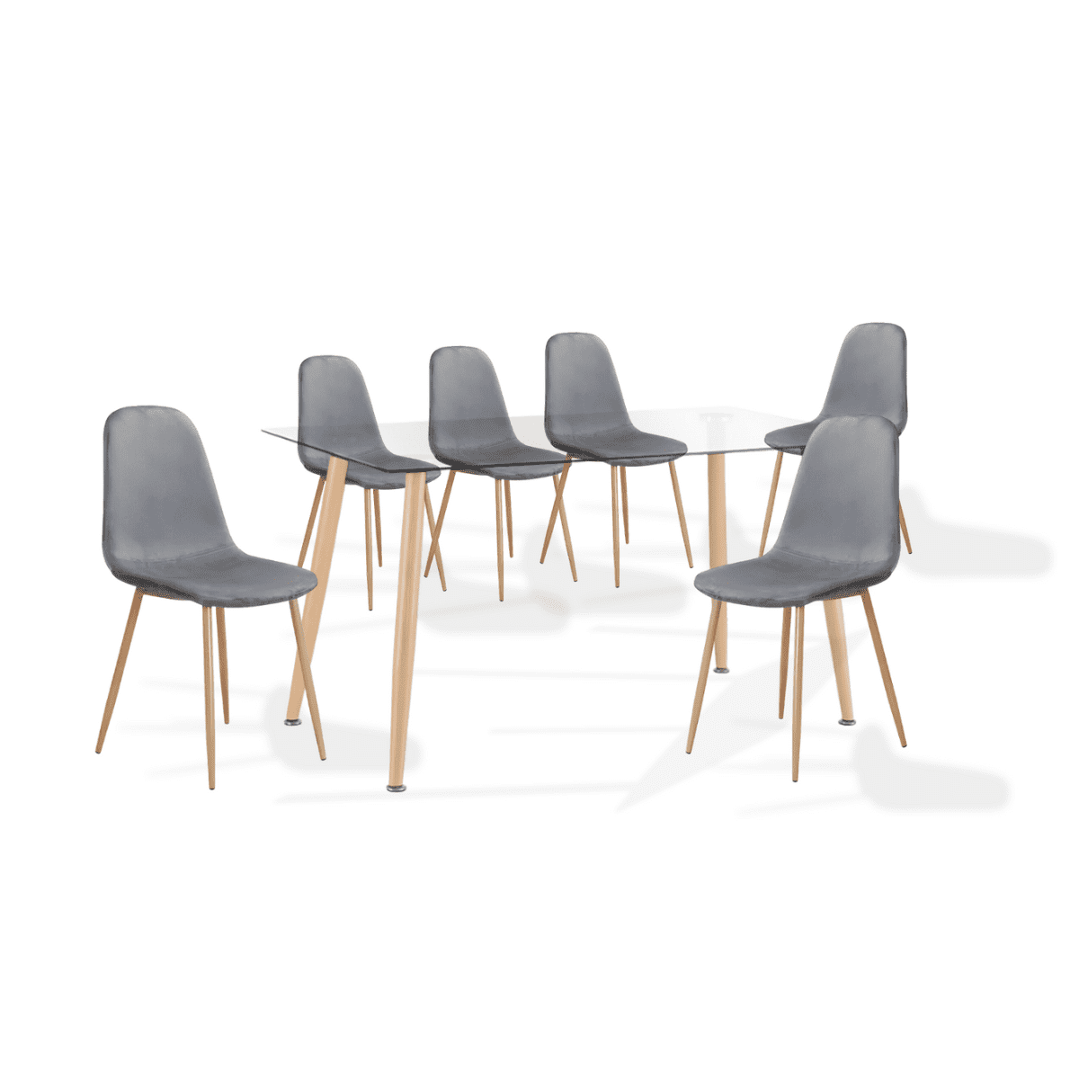 Klik Muebles - Comedor Mesa De Vidrio 120x80 + 6 Sillas Spoon Terciopelo Gris