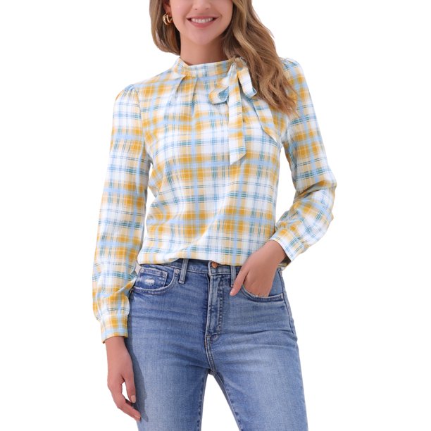 INSPIRE CHIC Blusas de Mujer para el Trabajo con Cuello de Lazo y Mangas Largas a Cuadros S Blanco Amarillo Verde