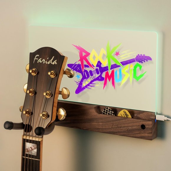 Soporte De Pared Para Guitarra Con Pizarra Led Rgb En Madera De Nogal
