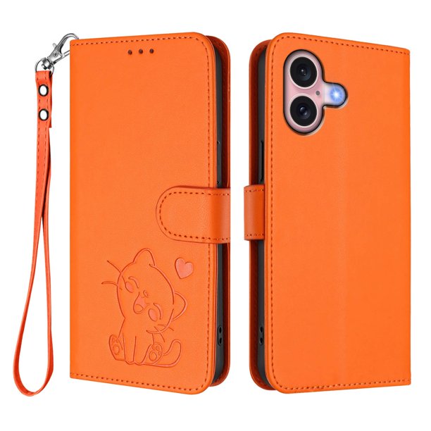 Funda Volteable con Diseño de Gato para iPhone 16, Naranja