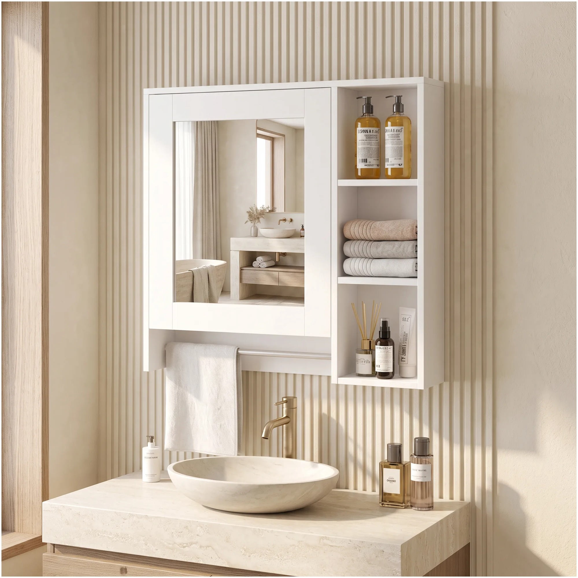Homer Design - Botiquín Mural Para Baño 55x14x60 Cm Con Espejo Y Repisas Blanco