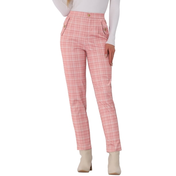 INSPIRE CHIC Pantalones de Tartán para Mujer con Cintura Alta Elástica, Rectos y Largos, Talla XL, Rosa