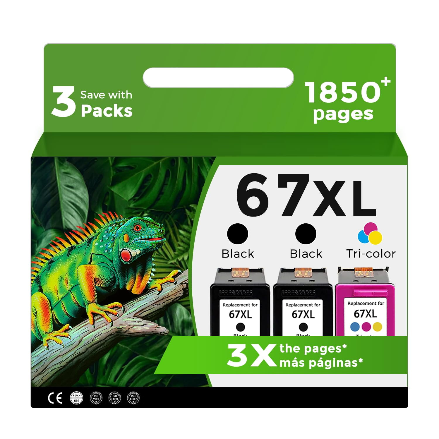Cartuchos De Tinta Relcolor 67xl De Color Negro, Paquete De 3 Unidades Para Impresora Hp