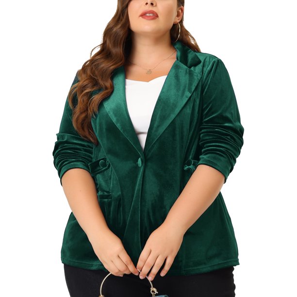 GRACIA Y GRANDEZA Chaqueta de Terciopelo con Solapa de Muesca y Botón de Manga Larga para Mujer Talla Grande Peplum 1X Verde Oscuro