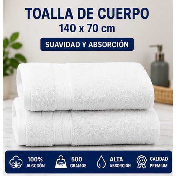 Toalla de Baño 140x70 cm Blanca 100% Algodón 500 Gramos Alta Absorción
