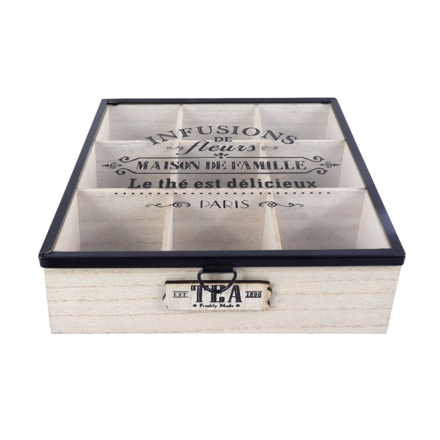 Oem - Caja De Té Mediana De Madera 9 Espacios Tapa Transparente