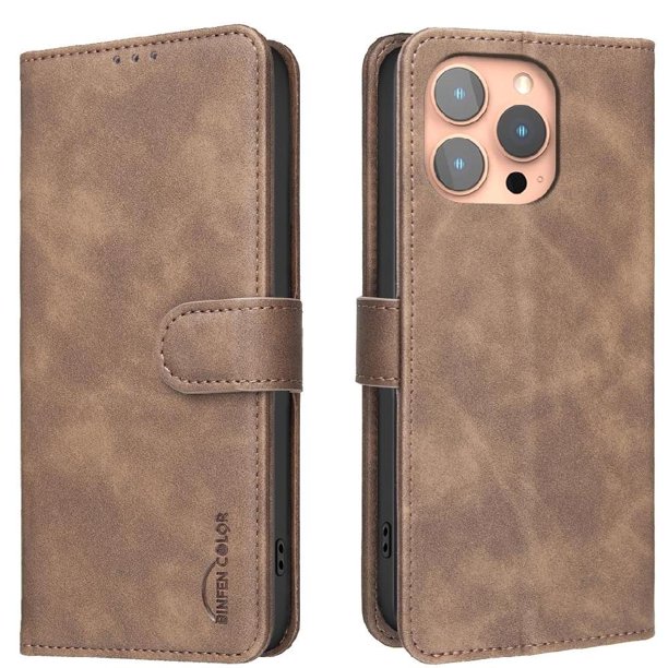 Funda Billetera para iPhone 14 PRO MAX Protección RFID y Soporte Ajustable Marrón