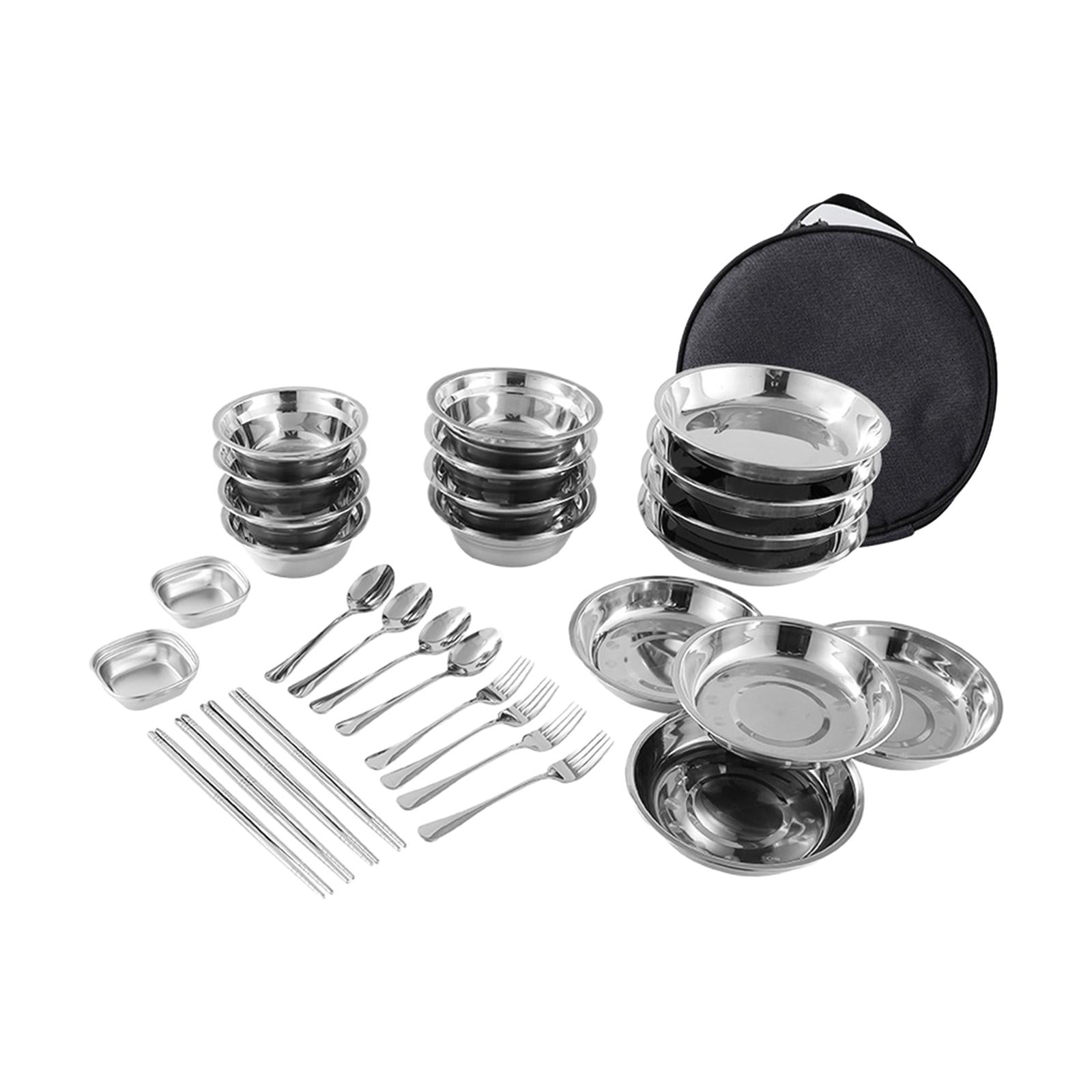 Magideal - Platos Y Tazones De Acero Inoxidable, Juego De Cubiertos Para Acampar, Utensilios Portátiles Reutilizables Para Acampar, Para Fiesta, Barbacoa, Mochil 30 Piezas