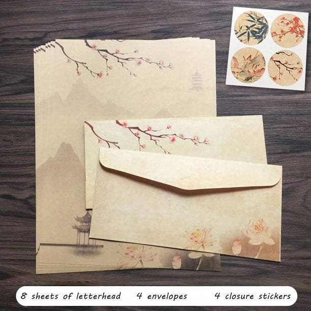 Classic Vintage Stationery Set - 16 Pieces Including 8 Writing Papers, 4 Envelopes, and 4 Stickers with Larger Sheets Than Expected