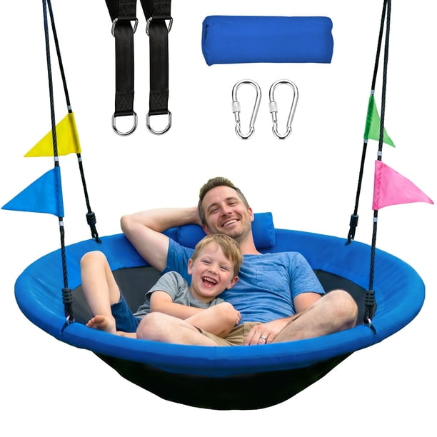 Columpio tipo plato para árbol HeyZoo de 122 cm con correas para colgar, 272 kg, azul