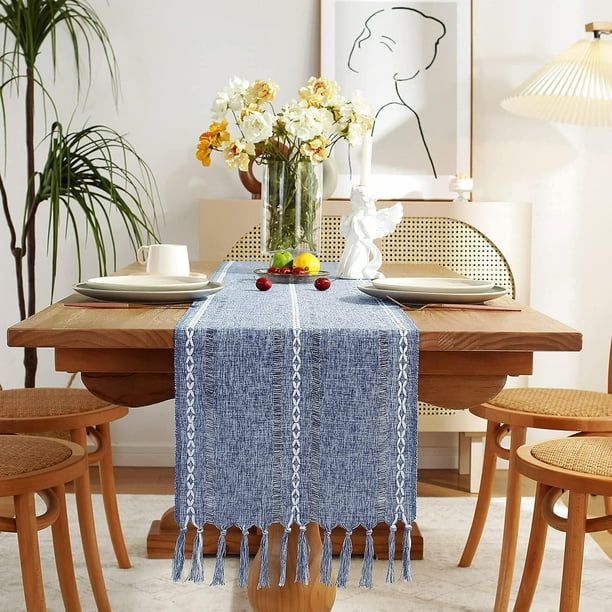 Camino De Mesa De Lino Estilo Rústico De Granja, Camino De Mesa Bohemio Bordado De 228 Cm De Largo Con Borlas Para Fiestas Navideñas Y Decoración De Comedor, 33 X 228 Cm - Marfil