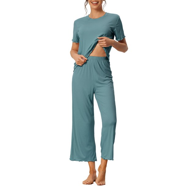 INSPIRE CHIC Conjunto de Pijama de Mujer Acanalado de Manga Corta Modal con Puños con Volantes y Pantalones de Descanso Suaves L Azul Lago