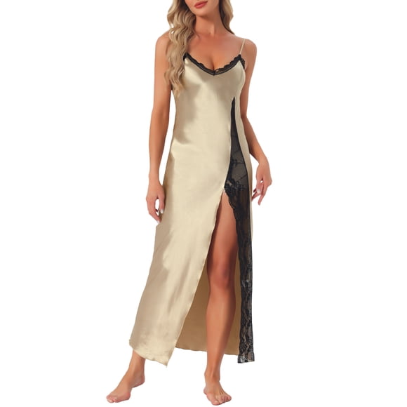 INSPIRE CHIC Camisón de Satén para Mujer Largo con Encaje de Seda Escote en V Vestido de Dormir con Abertura Frontal y Tirantes Ajustables M Champán